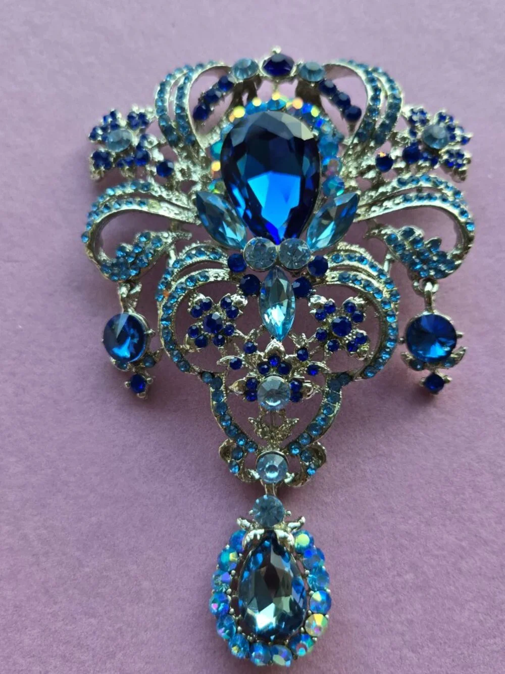 Bejewelled Blue Crystal Ornate Brooch Romantic Victorian Style